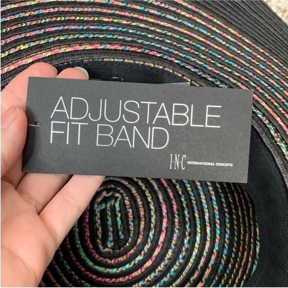 INC Sun-Hat Woven Striped Floppy Hat Black Colorful Packable Wide-Brim NWOT - Picture 7 of 8